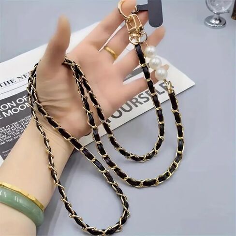 Adjustable Pearl Phone Lanyard, PU Leather Hands-Free Strap with Metal Charm for Most Smartphones in Saudi Arabia
