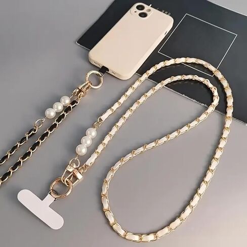 Adjustable Pearl Phone Lanyard, PU Leather Hands-Free Strap with Metal Charm for Most Smartphones in Saudi Arabia