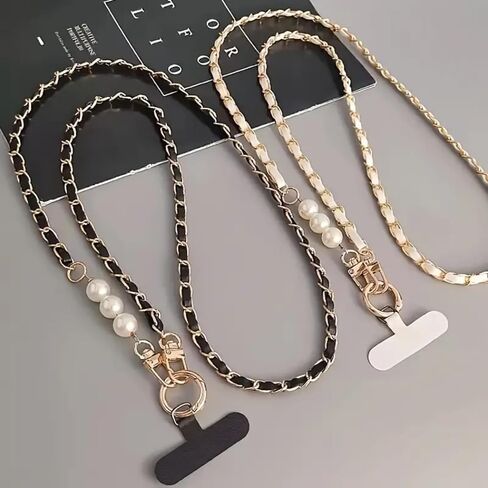 Adjustable Pearl Phone Lanyard, PU Leather Hands-Free Strap with Metal Charm for Most Smartphones in Saudi Arabia