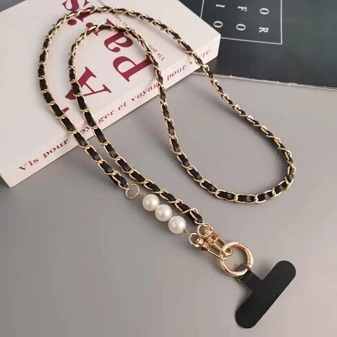 Adjustable Pearl Phone Lanyard, PU Leather Hands-Free Strap with Metal Charm for Most Smartphones in Saudi Arabia