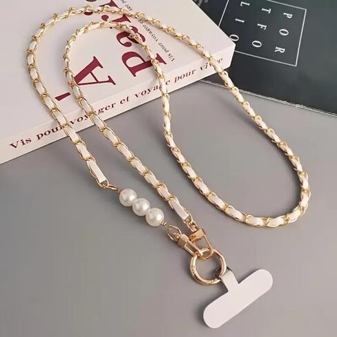 Adjustable Pearl Phone Lanyard, PU Leather Hands-Free Strap with Metal Charm for Most Smartphones in Saudi Arabia