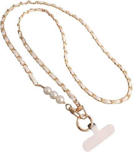 Adjustable Pearl Phone Lanyard, PU Leather Hands-Free Strap with Metal Charm for Most Smartphones in Saudi Arabia