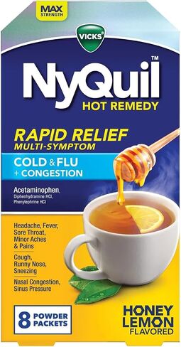 Vicks NyQuil Hot Remedy Powder Drink Mix, Rapid Relief Cold & Flu + Congestion, Honey Lemon Flavor, 8 Count in Saudi Arabia