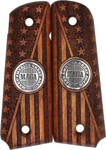 URAY 1911 Wood Grips with Trump MAGA Medallion and American Flag Design - Premium Pistol Grip Accessories for Colt Kimber Taurus Remington and Full-Size 1911 Models in Saudi Arabia