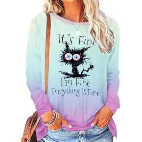 MNLYBABY It's Fine I'm Fine Everything Is Fine Sweatshirt Women Cute Black Cat Tee Tie Dye Cat lover Long Sleeve Top in Saudi Arabia