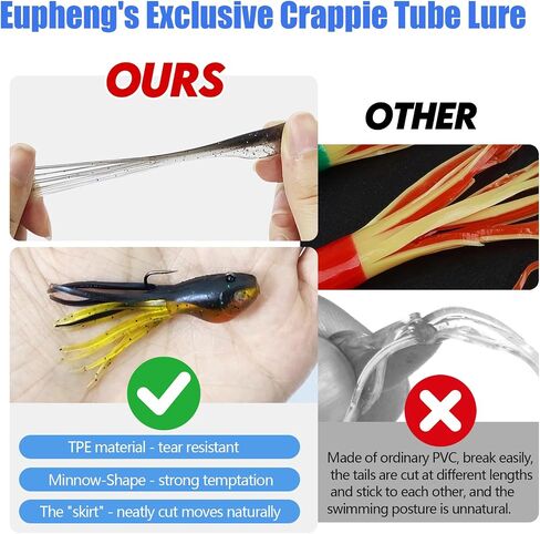 مجموعة أدوات الرقص من Eupheng Crappie مع طعوم أنبوبية، 50 قطعة من الطعوم الأنبوبية على شكل أسماك البلمة ورؤوس رقص أنبوبية 1/16 أونصة 1/32 أونصة لسمك الكرابي بانفيش باس تراوت Walleye in Kuwait