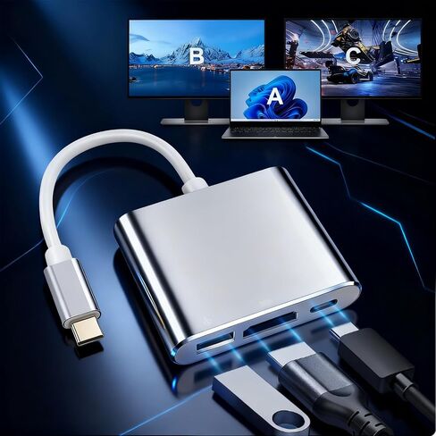 محول USB C إلى HDMI، محور 4K USB-C مع 100 وات PD، منفذ USB 3.0، HDMI إلى USBC ثلاثي العرض متعدد المنافذ من النوع C محول AV رقمي متوافق مع Mac Book Pro/Air، iPad، الأجهزة اللوحية، التبديل، التلفزيون، الشاشة (فضي) in Saudi Arabia