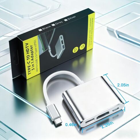 محول USB C إلى HDMI، محور 4K USB-C مع 100 وات PD، منفذ USB 3.0، HDMI إلى USBC ثلاثي العرض متعدد المنافذ من النوع C محول AV رقمي متوافق مع Mac Book Pro/Air، iPad، الأجهزة اللوحية، التبديل، التلفزيون، الشاشة (فضي) in Saudi Arabia