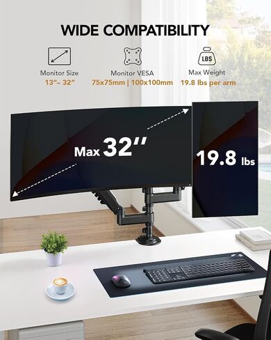 HUANUO Dual Monitor Arm for 13-32 inch Screens,Holds 19.8lb,Adjustable Monitor Stand with Clamp and Grommet Base,Vesa 75x75mm/100x100mm Compatibility (Black) in Saudi Arabia