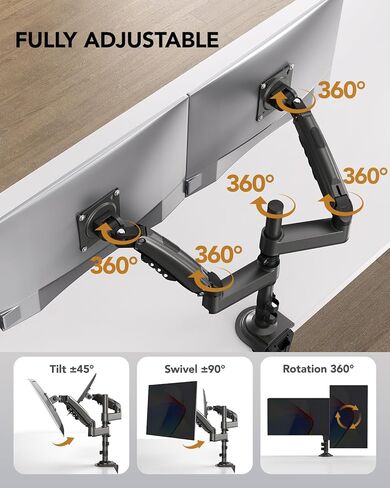 HUANUO Dual Monitor Arm for 13-32 inch Screens,Holds 19.8lb,Adjustable Monitor Stand with Clamp and Grommet Base,Vesa 75x75mm/100x100mm Compatibility (Black) in Saudi Arabia