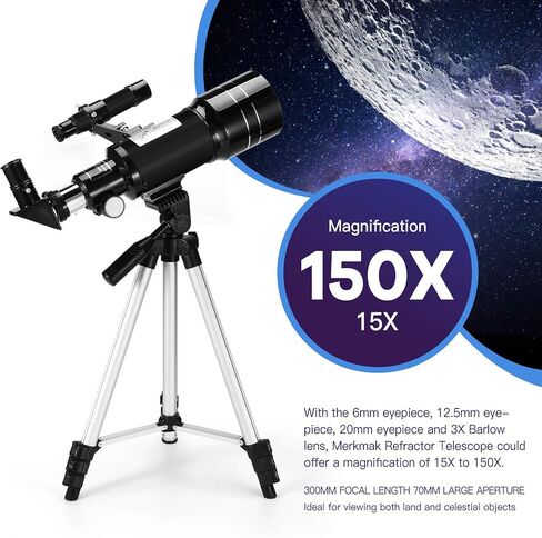 Refractor Telescope for Kids and Beginners, 70mm Aperture, 300mm Focus Length, Black, with AZ Mount for Moon and Landscape Observation (Black) in Saudi Arabia