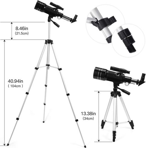 Refractor Telescope for Kids and Beginners, 70mm Aperture, 300mm Focus Length, Black, with AZ Mount for Moon and Landscape Observation (Black) in Saudi Arabia