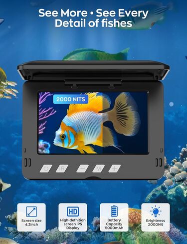 كاميرا الصيد تحت الماء مع شاشة LCD مقاس 4.3 بوصة، مكتشف الأسماك المحمول مع رؤية ليلية LED 12 IR وزاوية واسعة 220 درجة، كاميرا صيد الجليد IP68 المقاومة للماء مع كابل 100 قدم وبطارية 5000 مللي أمبير في الساعة لبحيرة الجليد والقارب in Saudi Arabia