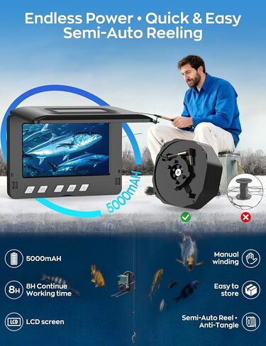 كاميرا الصيد تحت الماء مع شاشة LCD مقاس 4.3 بوصة، مكتشف الأسماك المحمول مع رؤية ليلية LED 12 IR وزاوية واسعة 220 درجة، كاميرا صيد الجليد IP68 المقاومة للماء مع كابل 100 قدم وبطارية 5000 مللي أمبير في الساعة لبحيرة الجليد والقارب in Saudi Arabia