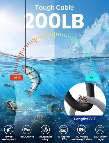 كاميرا الصيد تحت الماء مع شاشة LCD مقاس 4.3 بوصة، مكتشف الأسماك المحمول مع رؤية ليلية LED 12 IR وزاوية واسعة 220 درجة، كاميرا صيد الجليد IP68 المقاومة للماء مع كابل 100 قدم وبطارية 5000 مللي أمبير في الساعة لبحيرة الجليد والقارب in Kuwait