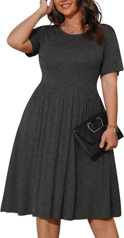 POSESHE Women's Plus Size Dresses Long Sleeves Crew Neck Casual Dresses Empire Waist Loose Flowy Dress with Pockets in Kuwait