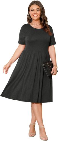 POSESHE Women's Plus Size Dresses Long Sleeves Crew Neck Casual Dresses Empire Waist Loose Flowy Dress with Pockets in Kuwait