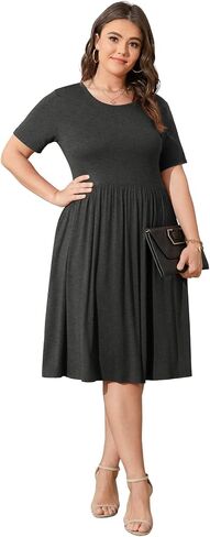 POSESHE Women's Plus Size Dresses Long Sleeves Crew Neck Casual Dresses Empire Waist Loose Flowy Dress with Pockets in Kuwait
