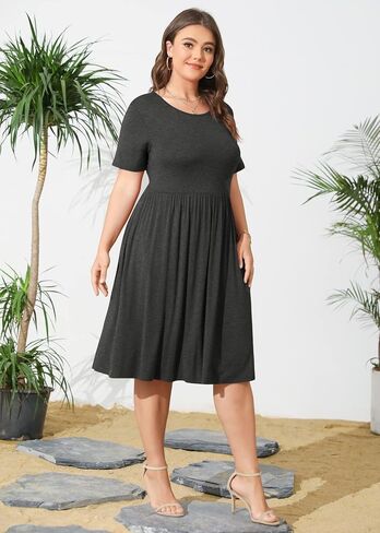 POSESHE Women's Plus Size Dresses Long Sleeves Crew Neck Casual Dresses Empire Waist Loose Flowy Dress with Pockets in Kuwait