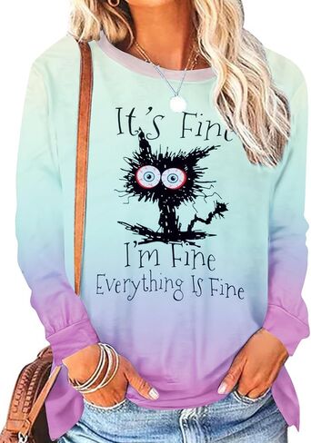 MNLYBABY It's Fine I'm Fine Everything Is Fine Sweatshirt Women Cute Black Cat Tee Tie Dye Cat lover Long Sleeve Top in Kuwait