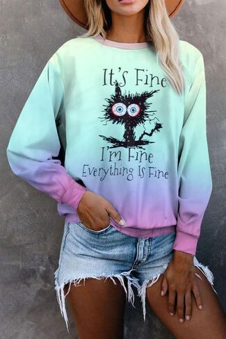 MNLYBABY It's Fine I'm Fine Everything Is Fine Sweatshirt Women Cute Black Cat Tee Tie Dye Cat lover Long Sleeve Top in Kuwait