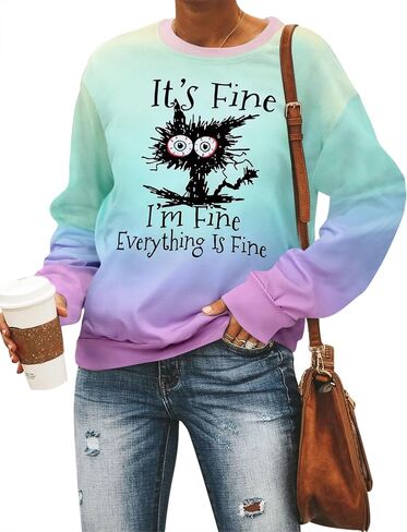 MNLYBABY It's Fine I'm Fine Everything Is Fine Sweatshirt Women Cute Black Cat Tee Tie Dye Cat lover Long Sleeve Top in Kuwait
