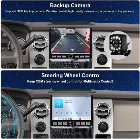 راديو QLED لسيارة Ford F150 2009 2010 2011 2012,2013 2014 STX XL ترقية، نمط ألياف الكربون، استبدال ستيريو بشاشة لمس 8 أساسية، تشغيل لاسلكي Android auto، شبكة 4G LTE، كاميرا مجانية in Kuwait