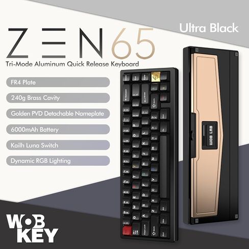 KEEBMONKEY WOBKEY Zen 65 65% لوحة مفاتيح ميكانيكية لاسلكية سريعة الإصدار مع RGB، حافظة ألومنيوم CNC، قابلة للتبديل السريع، دعم VIA، لوحة مفاتيح ألعاب BT/2.4G/USB-C لأجهزة Mac/Windows (أسود فائق) in Kuwait