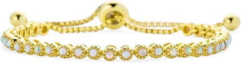 Slender Dainty Round Gemstone In Milgrain Edge Setting Iridescent Blue Created Opal Evil Eye Tennis Bolo Bracelet For Women 14K Yellow Rose Gold Plated .925 Sterling Silver Adjustable Slide in Saudi Arabia