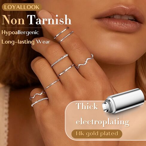 LOYALLOOK 8-14Pcs 1mm Stainless Steel Women's Plain Band Knuckle Stacking Midi Rings Comfort Fit Silver/Gold/Rose Tone in Kuwait