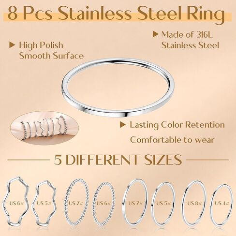 LOYALLOOK 8-14Pcs 1mm Stainless Steel Women's Plain Band Knuckle Stacking Midi Rings Comfort Fit Silver/Gold/Rose Tone in Kuwait