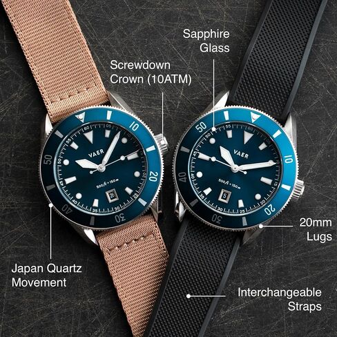 Vaer DS2 Quartz Dive Watch for Men - Ocean Ready 15 ATM, 39mm, Battery-Powered, Sapphire Crystal (+/- 20 Seconds per Month), Two Quick-Change 20mm Straps - Gift Set for Men in Saudi Arabia