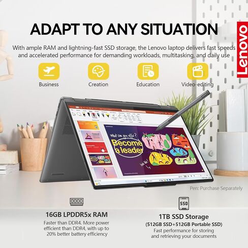 Lenovo Yoga 7i 2 في 1 كمبيوتر محمول يعمل باللمس، 16 بوصة FHD+ 360 شاشة لمس قابلة للطي وقابلة للتحويل، Intel Core Ultra 7، Windows 11 كمبيوتر محمول |إضاءة خلفية |بصمة الإصبع |ملحق YGYTE|16 جيجابايت DDR5 RAM 512 جيجابايت SSD + 512 جيجابايت PSSD in Kuwait