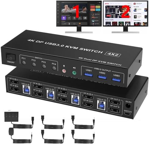 4 منافذ شاشة مزدوجة Displayport KVM USB 3.0 Switch 4X2، شاشة ممتدة 4K@60 هرتز، مع مخرج ميكروفون صوتي و3 منافذ USB 3.0، محول DP KVM 4 في 2 مخرج لـ 4 أجهزة كمبيوتر وشاشتين (أسود) in Kuwait
