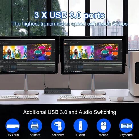 4 منافذ شاشة مزدوجة Displayport KVM USB 3.0 Switch 4X2، شاشة ممتدة 4K@60 هرتز، مع مخرج ميكروفون صوتي و3 منافذ USB 3.0، محول DP KVM 4 في 2 مخرج لـ 4 أجهزة كمبيوتر وشاشتين (أسود) in Kuwait
