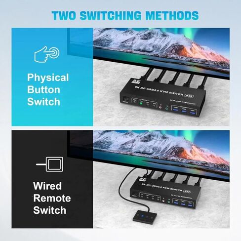 4 منافذ شاشة مزدوجة Displayport KVM USB 3.0 Switch 4X2، شاشة ممتدة 4K@60 هرتز، مع مخرج ميكروفون صوتي و3 منافذ USB 3.0، محول DP KVM 4 في 2 مخرج لـ 4 أجهزة كمبيوتر وشاشتين (أسود) in Kuwait