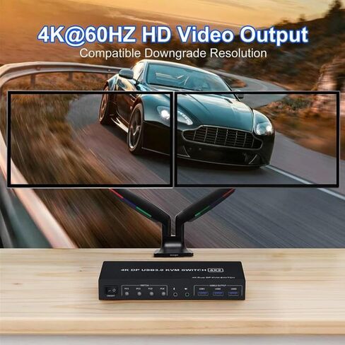 4 منافذ شاشة مزدوجة Displayport KVM USB 3.0 Switch 4X2، شاشة ممتدة 4K@60 هرتز، مع مخرج ميكروفون صوتي و3 منافذ USB 3.0، محول DP KVM 4 في 2 مخرج لـ 4 أجهزة كمبيوتر وشاشتين (أسود) in Kuwait