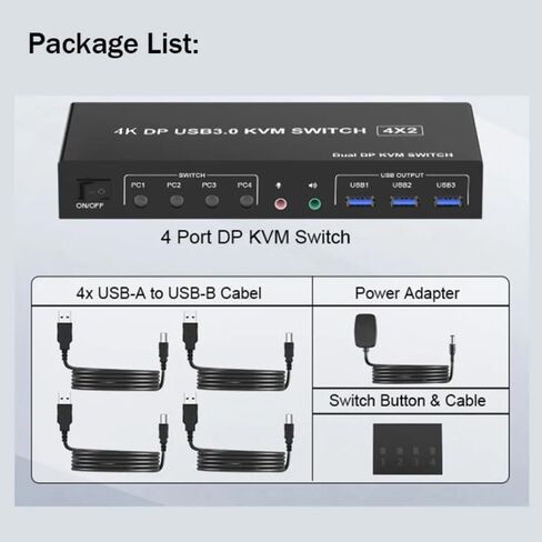 4 منافذ شاشة مزدوجة Displayport KVM USB 3.0 Switch 4X2، شاشة ممتدة 4K@60 هرتز، مع مخرج ميكروفون صوتي و3 منافذ USB 3.0، محول DP KVM 4 في 2 مخرج لـ 4 أجهزة كمبيوتر وشاشتين (أسود) in Kuwait