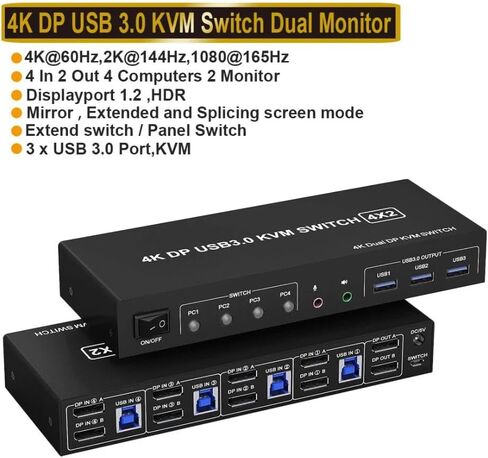 4 منافذ شاشة مزدوجة Displayport KVM USB 3.0 Switch 4X2، شاشة ممتدة 4K@60 هرتز، مع مخرج ميكروفون صوتي و3 منافذ USB 3.0، محول DP KVM 4 في 2 مخرج لـ 4 أجهزة كمبيوتر وشاشتين (أسود) in Kuwait