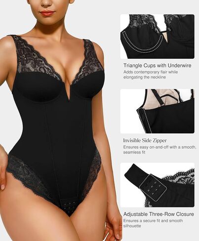 Popilush Lace Body Suits Women Deep V Neck Tummy Control Thong Shapewear Bodysuit Going Out Corset Tops in Saudi Arabia