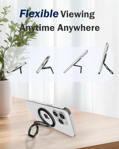 قبضة هاتف لـ MagSafe، حامل حلقة هاتف مغناطيسي يدور 360 درجة و180 درجة مع مسند، حامل هاتف رقيق مزدوج الحلقة لسلسلة 17/16/15/14/13/12 - أسود in Kuwait
