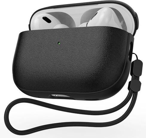 حافظة JIELIELE لجهاز AirPods Pro 3، غطاء جلدي متوافق مع Airpods Pro الجيل الثالث (2025)، حافظة واقية كاملة من السقوط مع حبل، تدعم الشحن اللاسلكي، مصباح أمامي LED مرئي باللون الأسود in Kuwait