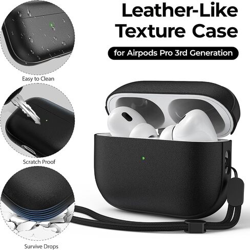 حافظة JIELIELE لجهاز AirPods Pro 3، غطاء جلدي متوافق مع Airpods Pro الجيل الثالث (2025)، حافظة واقية كاملة من السقوط مع حبل، تدعم الشحن اللاسلكي، مصباح أمامي LED مرئي باللون الأسود in Kuwait