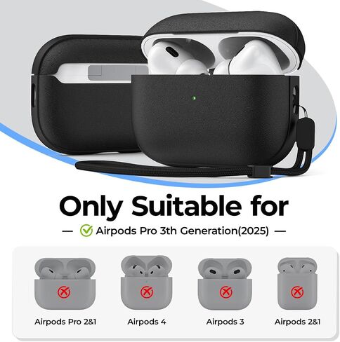 حافظة JIELIELE لجهاز AirPods Pro 3، غطاء جلدي متوافق مع Airpods Pro الجيل الثالث (2025)، حافظة واقية كاملة من السقوط مع حبل، تدعم الشحن اللاسلكي، مصباح أمامي LED مرئي باللون الأسود in Kuwait