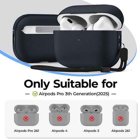 حافظة JIELIELE لجهاز AirPods Pro 3، غطاء جلدي متوافق مع Airpods Pro الجيل الثالث (2025)، حافظة واقية كاملة من السقوط مع حبل، تدعم الشحن اللاسلكي، مصباح أمامي LED مرئي باللون الأسود in Kuwait