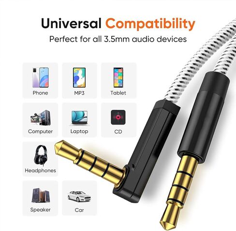 3.5mm Audio Cable(3FT/0.9M), 90 Degree Right Angle 4-Conductor TRRS 3.5mm Stereo Aux Cable with Microphone for Car Headphones,Speaker, Tablets, Laptops, Phones in Saudi Arabia