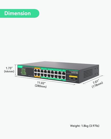 محول LINOVISION 16 منفذًا UltraReach PoE مع إدارة سحابية عن بعد، يصل إلى 2600 قدم طويل المدى PoE ونقل البيانات، 4 * BT 90W و12 * في منافذ 30 وات، محول طاقة مدمج 300 وات in Kuwait