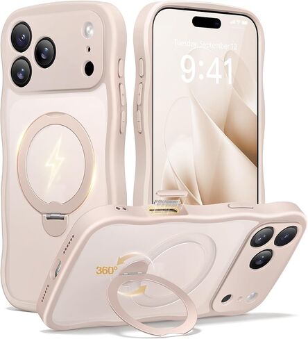 حافظة CAPRARO لهاتف iPhone 17 Pro Max مع حامل مغناطيسي يدور 360 درجة للنساء، [متوافقة مع MagSafe] [حماية كاملة للكاميرا] حافظة غير لامعة شفافة مموجة لهاتف iPhone 17 Pro Max، ذهبي وردي in Kuwait