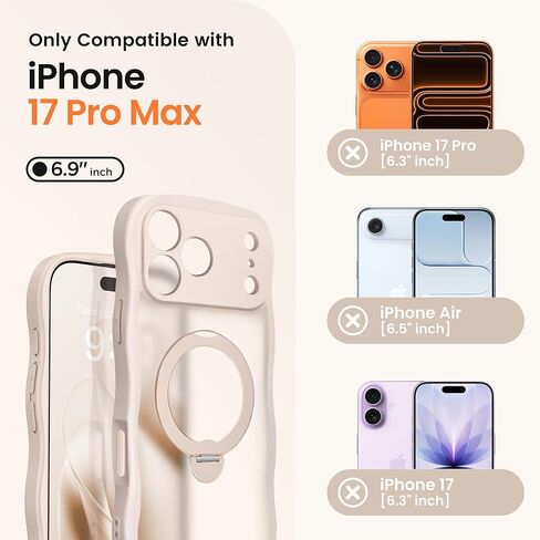 حافظة CAPRARO لهاتف iPhone 17 Pro Max مع حامل مغناطيسي يدور 360 درجة للنساء، [متوافقة مع MagSafe] [حماية كاملة للكاميرا] حافظة غير لامعة شفافة مموجة لهاتف iPhone 17 Pro Max، ذهبي وردي in Kuwait