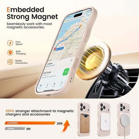 حافظة CAPRARO لهاتف iPhone 17 Pro Max مع حامل مغناطيسي يدور 360 درجة للنساء، [متوافقة مع MagSafe] [حماية كاملة للكاميرا] حافظة غير لامعة شفافة مموجة لهاتف iPhone 17 Pro Max، ذهبي وردي in Kuwait